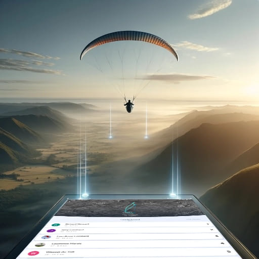 A dynamic display of Gaggle's new features: Leaderboards, Waypoint Hunt, and Hall of Fame, shown on a mobile device held by a pilot against the backdrop of a stunning sunrise at a flying site.